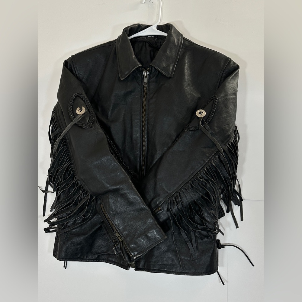 Fringed Black Leather Motorcycle Jacket Vintage Biker Women Medium 1990s Western - Picture 10 of 15